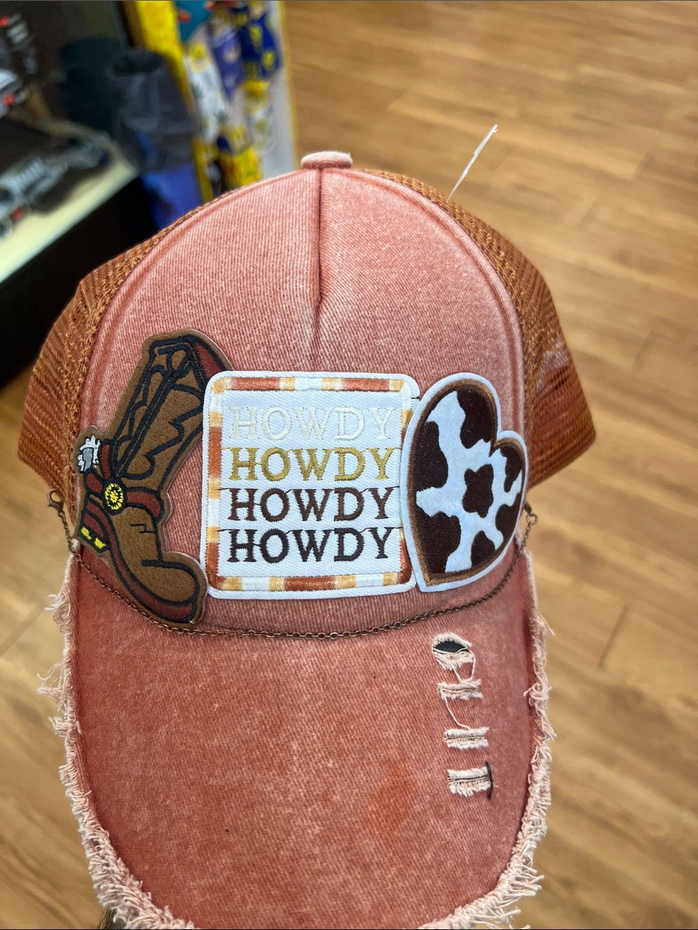 Rust Orange 'Howdy' Patch Distressed Trucker Hat